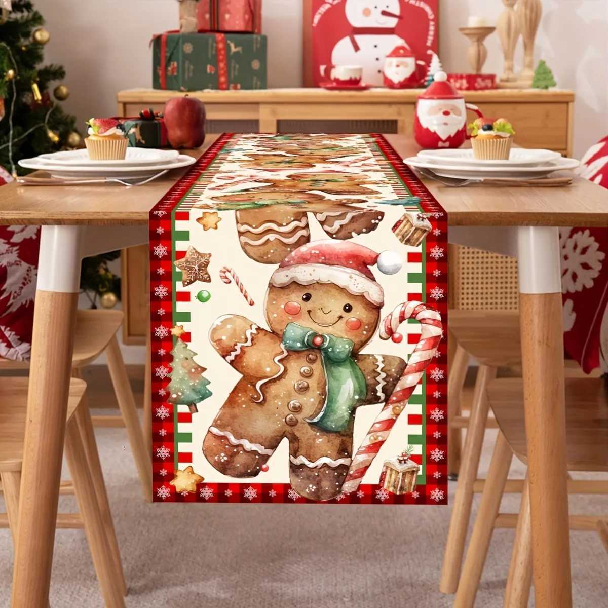 1 Piece of Christmas Gingerbread Man Table Runner Painted with Gingerbread Men Candy Canes and Other Christmas Elements on a Colorf Background Su-image-1084046117
