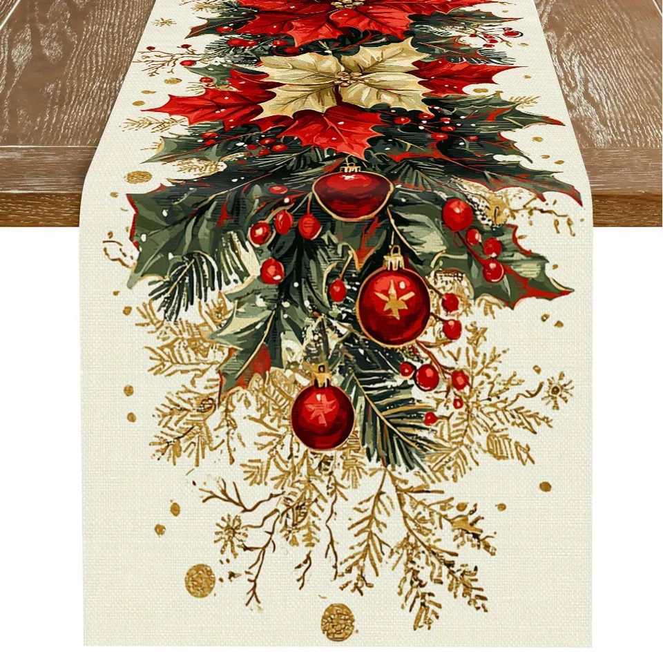 Christmas Poinsettia Holly Berry Linen Table Runner Party Decor Winter Xmas Kitchen Dining Table Runners Christmas Decorations H251110-image-1083976154