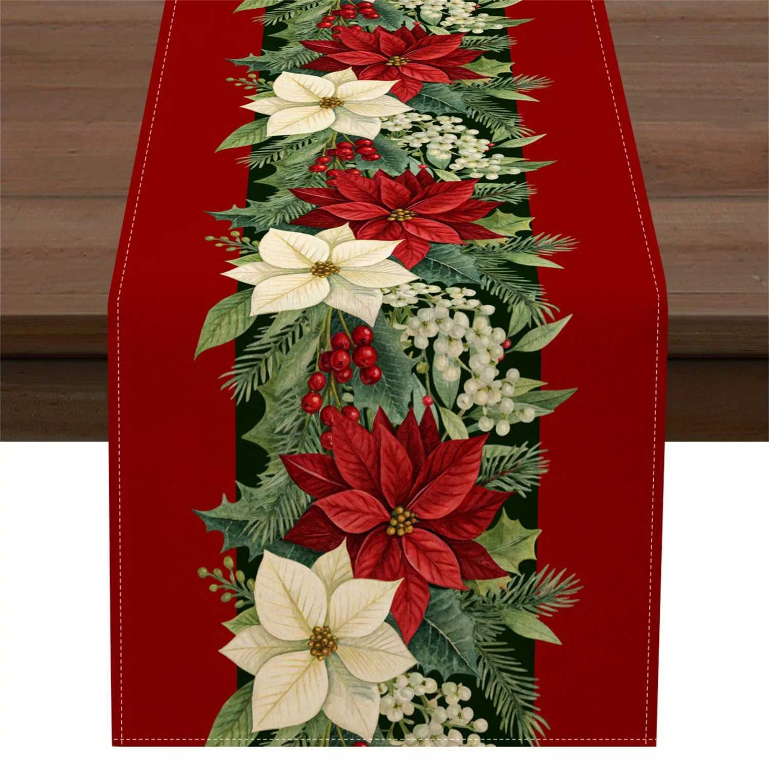 Merry Christmas Poinsettia Holly Berry Linen Table Runner Party Decor Washable Winter Dining Table Runners Christmas Decorations H251110-image-1083976136