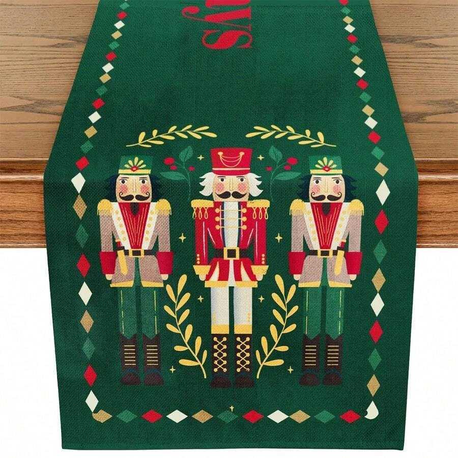 1pc Christmas Nutcracker Themed Table Runner Green Festive Pattern Chic He Accent Gift for Christmas Perfect for Holiday H251110-image-1083976876