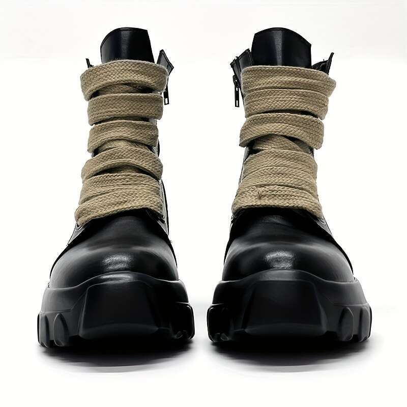 1Pr Men's Vintage Punk Style Chunky Sole Mid-Calf Hiking Boots, Round Toe Lace-Up Faux With Rubber Sole, All-Season Solid Color Outdoor Footwea