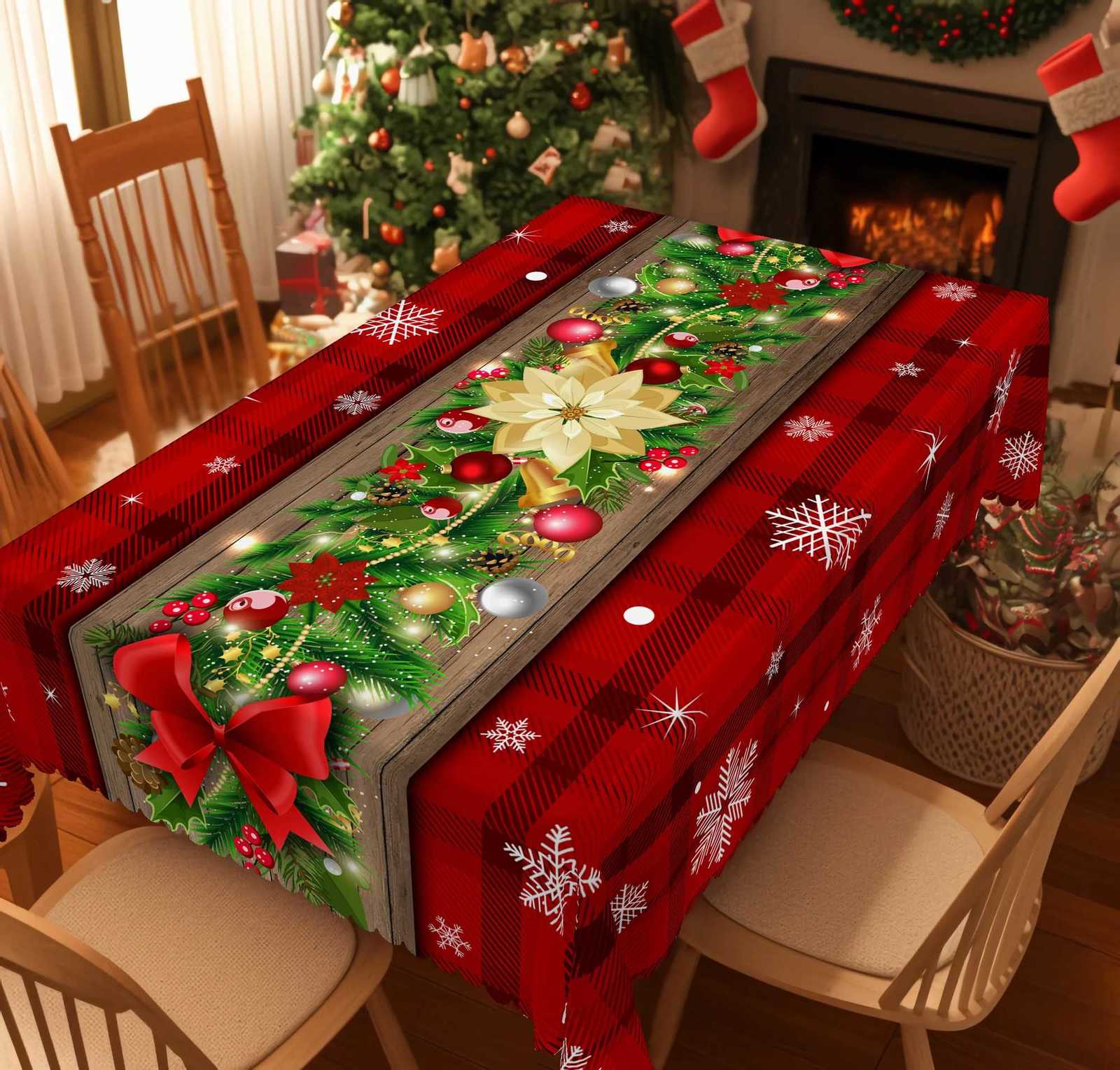 1 Piece Christmas Round and Rectangar Tablecloth Various Sizes Holly Berry Bow Snowflake Print Pattern Red Tablecloth for Daily He Kitchen Terrac-image-1083976804