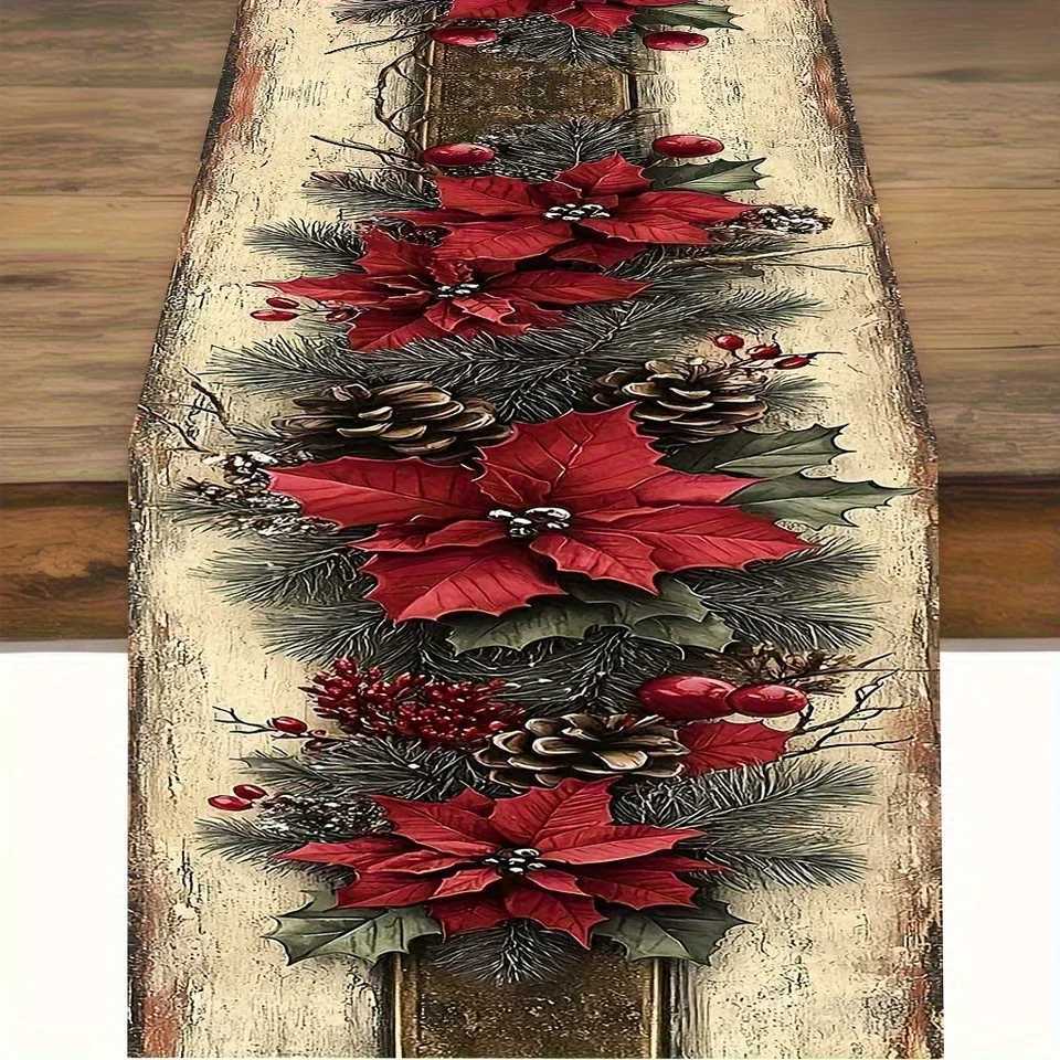 1pc Christmas Table Runner with Red Poinsettia Pinecone Design Holiday Table Decor for Xmas New Year Winter Party Dining H251110-image-1083975945