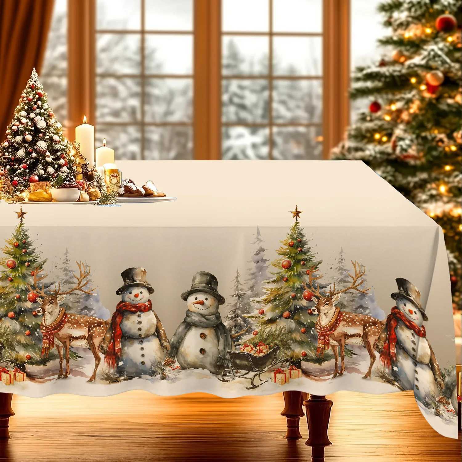 Vintage Christmas Tablecloth Tree Golden Snowman Table Cover Christmas Decorations for He 2025 Gifts Navidad New Year H251110-image-1083975723