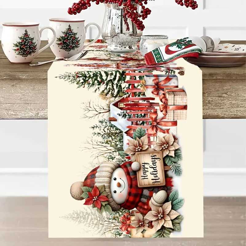 1pc Christmas Season Snowman Table Runner Poinsettia Elements Essential Xmas Decor for He Dining Table Festive nts H251110-image-1083976171