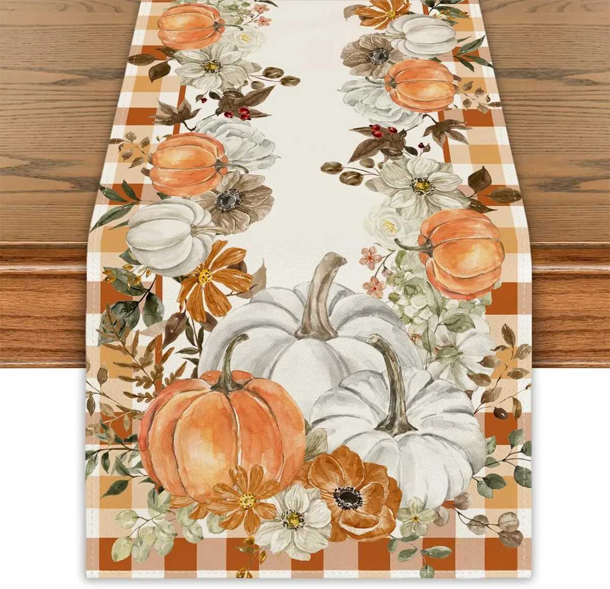 Fall Harvest Pumpkin Maple Leaves Linen Table Runner Party Decor Farmhouse Kitchen Dining Table Runner Thanksgiving Decorations H251110-image-1083975674