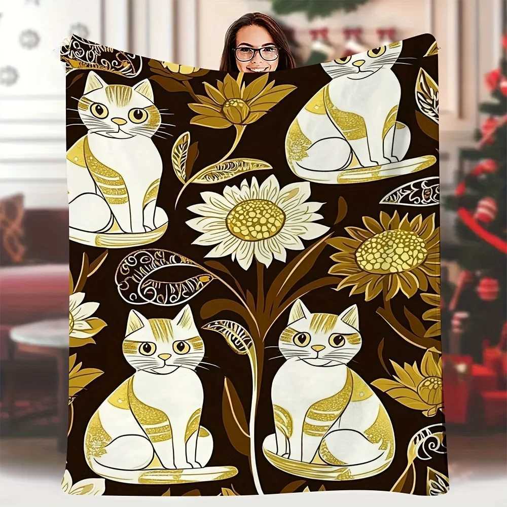 1pc Vintage-Inspired Cat and Floral Throw Blanket 60x80inch Soft Cotton Single-Sided Print with White Cats and Golden AccentsW251107-image-1083903389