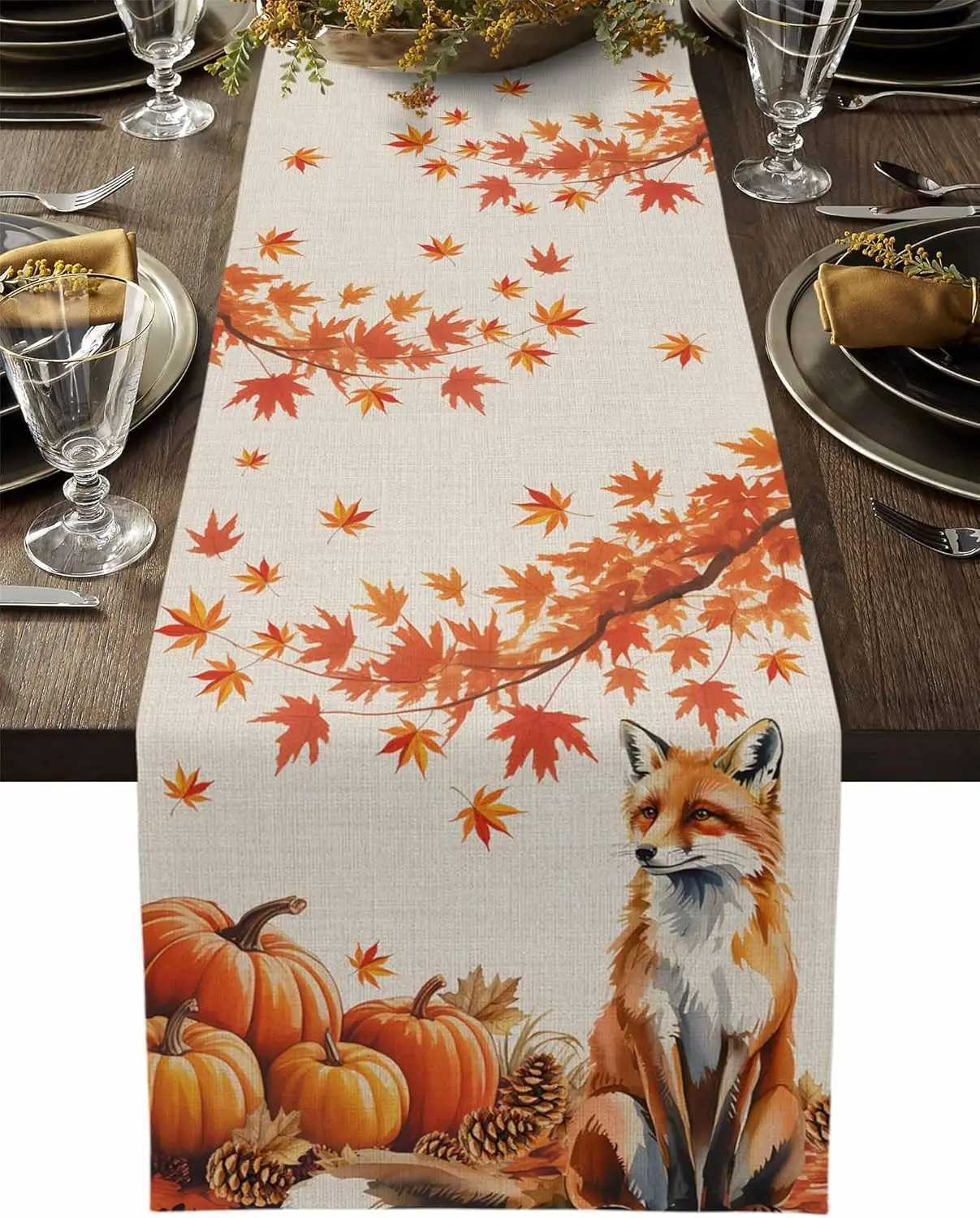 Fall Harvest Pumpkin Maple Leaves Table Runner Party Decor Farmhouse Kitchen Dining Table Runner Thanksgiving Decorations H251110-image-1083975712