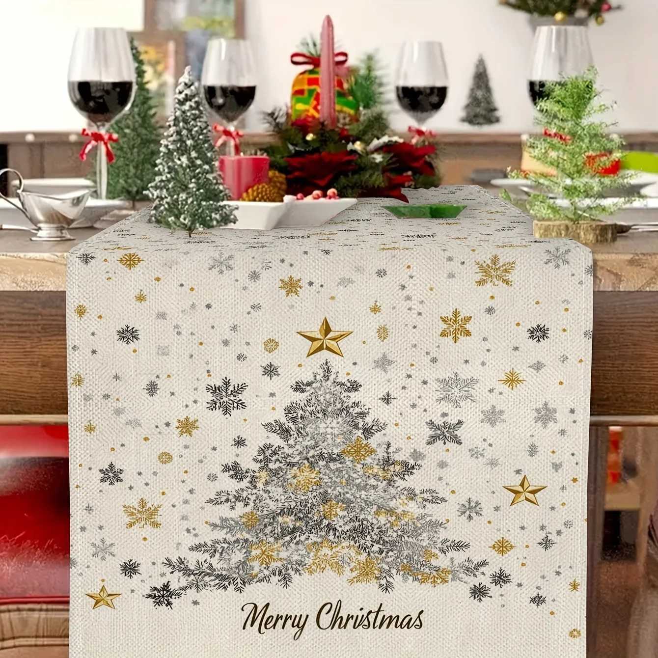 Christmas Table Runner Elegant Santa Reindeer Design Snowflakes Stars Merry Christmas Lettering Winter Holiday Decoration H251110-image-1083975772
