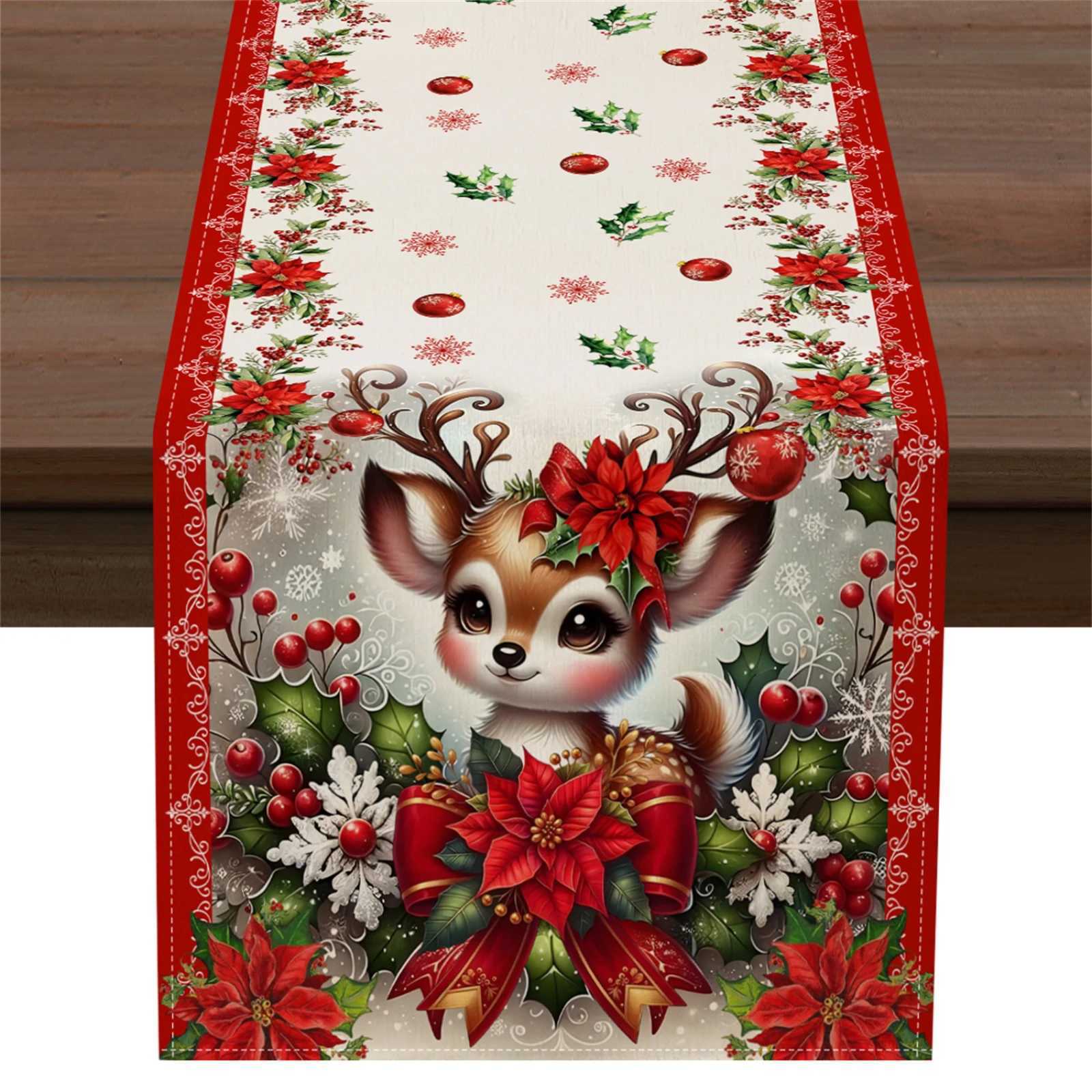 Festive Christmas Table Runner Sika Deer Poinsettia Holly Design Holiday Decoration Kitchen Dining Table Decoration He Party H251110-image-1083976283