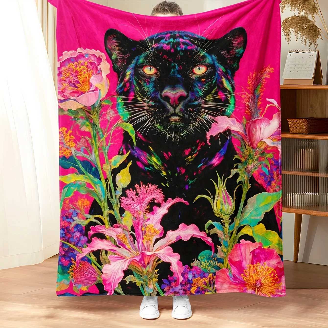 1pc Ultra-Soft Printed Throw Blanket with Vibrant 3D Floral Leopard Design Cozy Comfortable Polyester Fabric Perfect for BW251107-image-1083902830