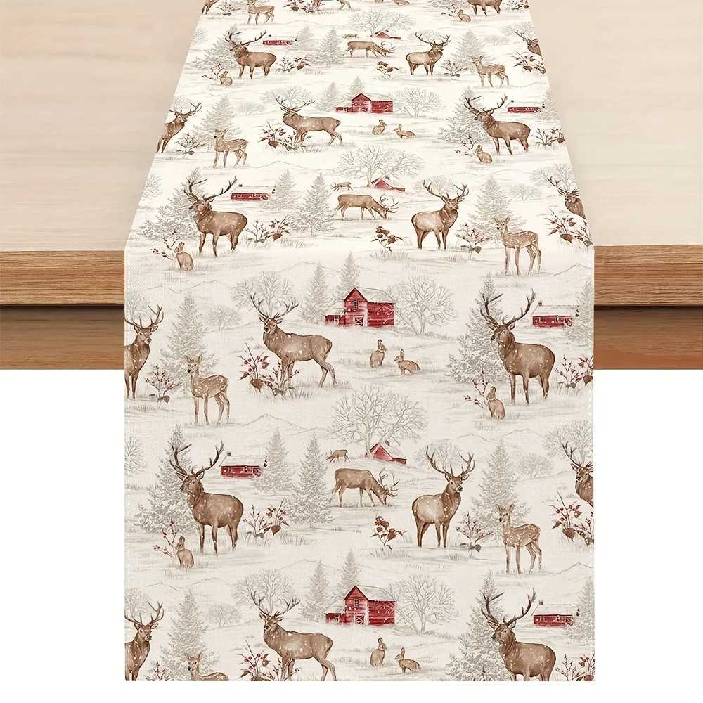 1pc Festive Christmas Table Runner - Rectangar Snow Tree Deer Design Ideal for Holiday Dining Decor Indoor/Outdoor Farmhouse H251110-image-1083975842