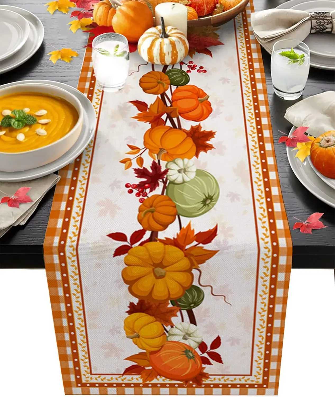 Fall Pumpkins Maple Leaves Linen Table Runner Holiday Party Decor Washable Autumn Thanksgiving Table Runners Kitchen Table Decor H251110-image-1083975643