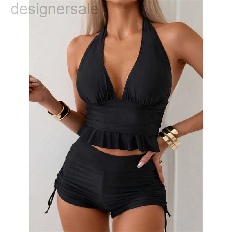 Designer Swimsuits Womens 2 Piece Tankini Set Two Piece Ruffle Bathing Suits Ruched Halter Swimsuits with Drawstring Shorts