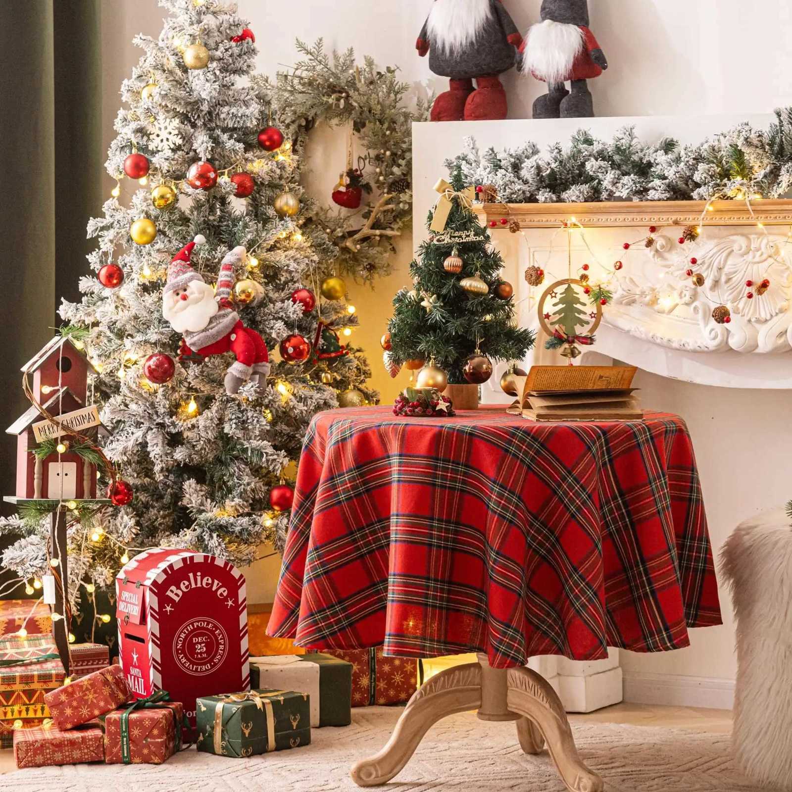 Round Christmas Tablecloth- Red Plaid Christmas Table Cloth Xmas Tablecloths for Dining Table Party Kitchen Decor H251110-image-1083979089
