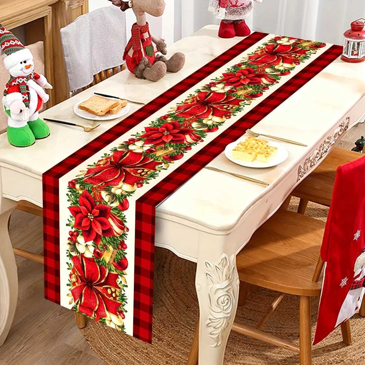 Christmas Poinsettia Flowers Linen Table Runner Holiday Party Decor Winter Xmas Kitchen Dining Table Runner Christmas Decoration H251110-image-1083975330