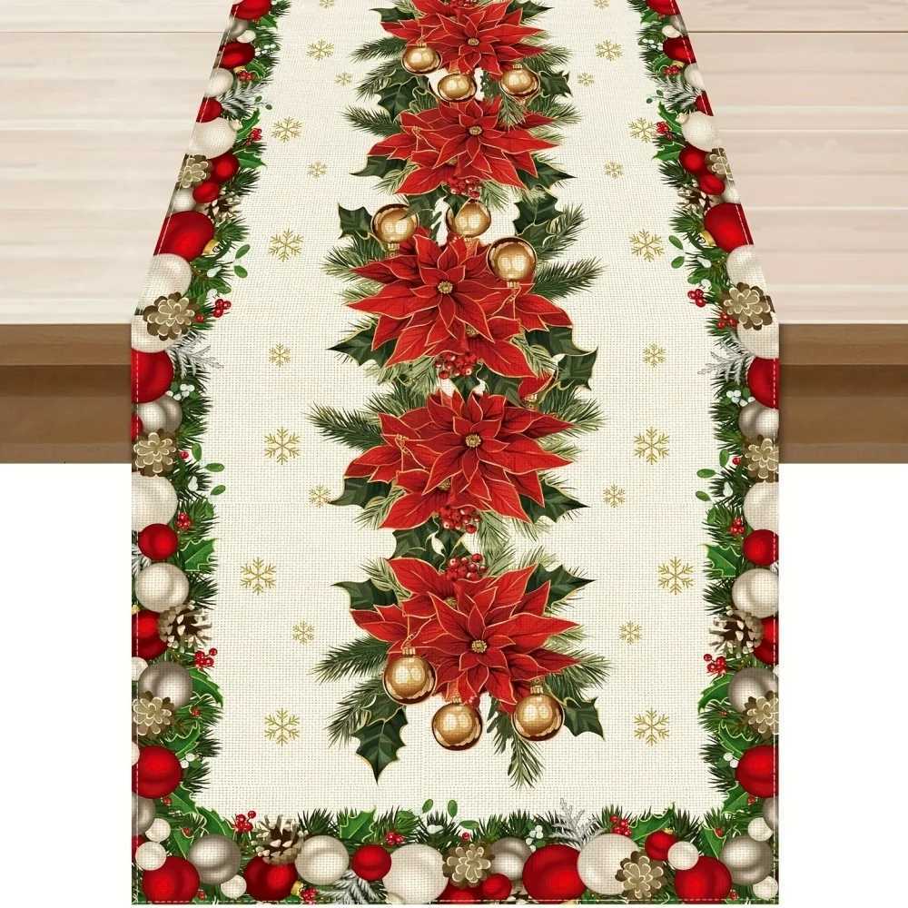 1pc Festive Christmas Table Runner with Poinsettia Ornaments Design - hine Washable Polter Christmas Table Decorations H251110-image-1083976077