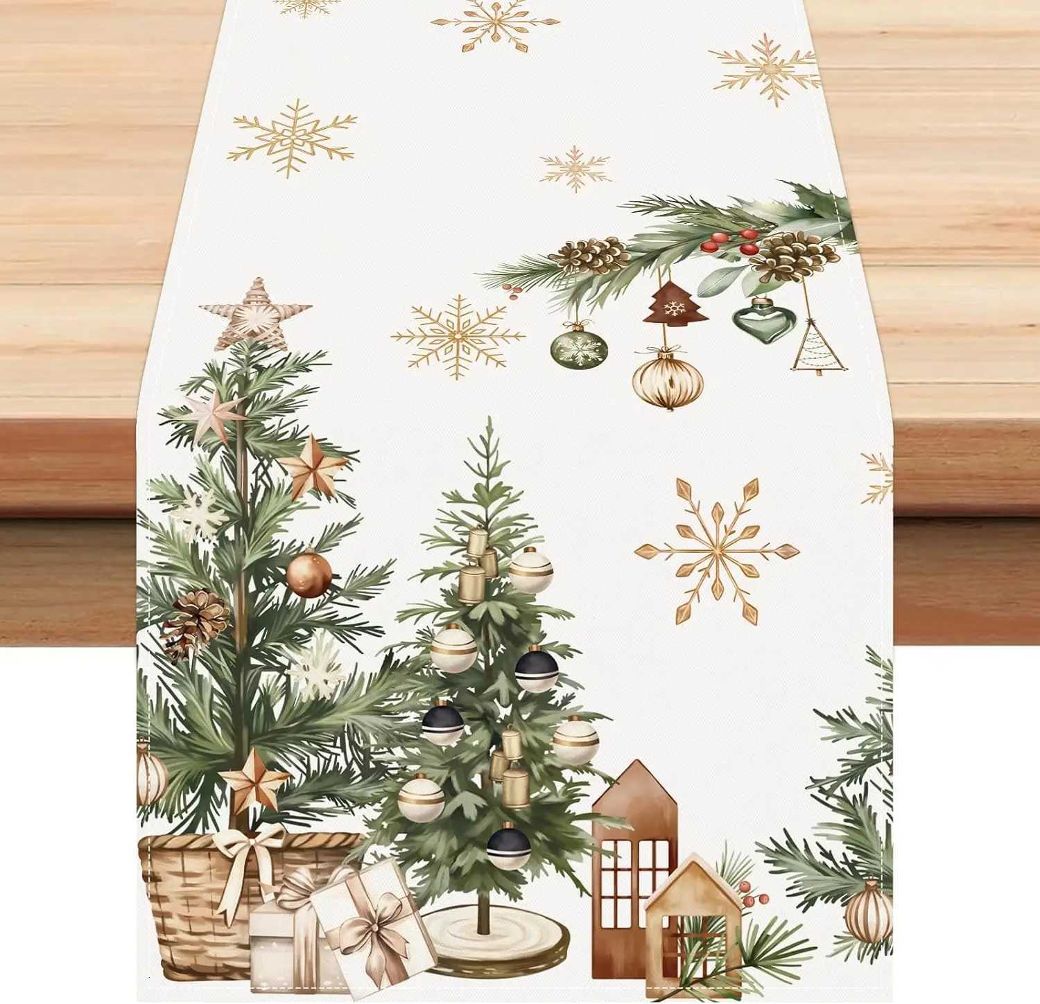 Christmas Snowflakes Xmas Trees Holly Table Runner Party Decor Winter Holiday Kitchen Dining Table Runner Christmas Decorations H251110-image-1083976688