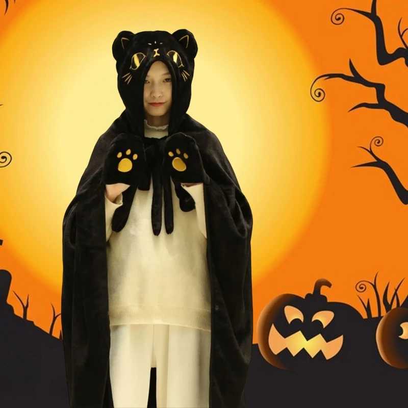 Halloween Blanket Knee Blankets Fluffy Cuddly Black Cartoon Cat Autumn Warm Winter Throw Anime Cape Blanket Shawl with GlovesW251107-image-1083908717