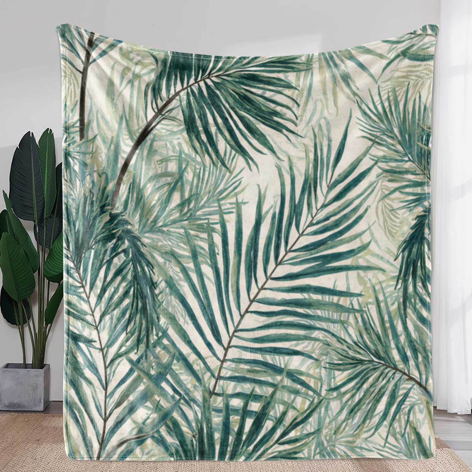 1pc Vintage Tropical Leaf Watercolor Print Flannel Blanket - Soft Polyester All-Season Throw for Sofa Bed Car Office CampingW251107-image-1083904356
