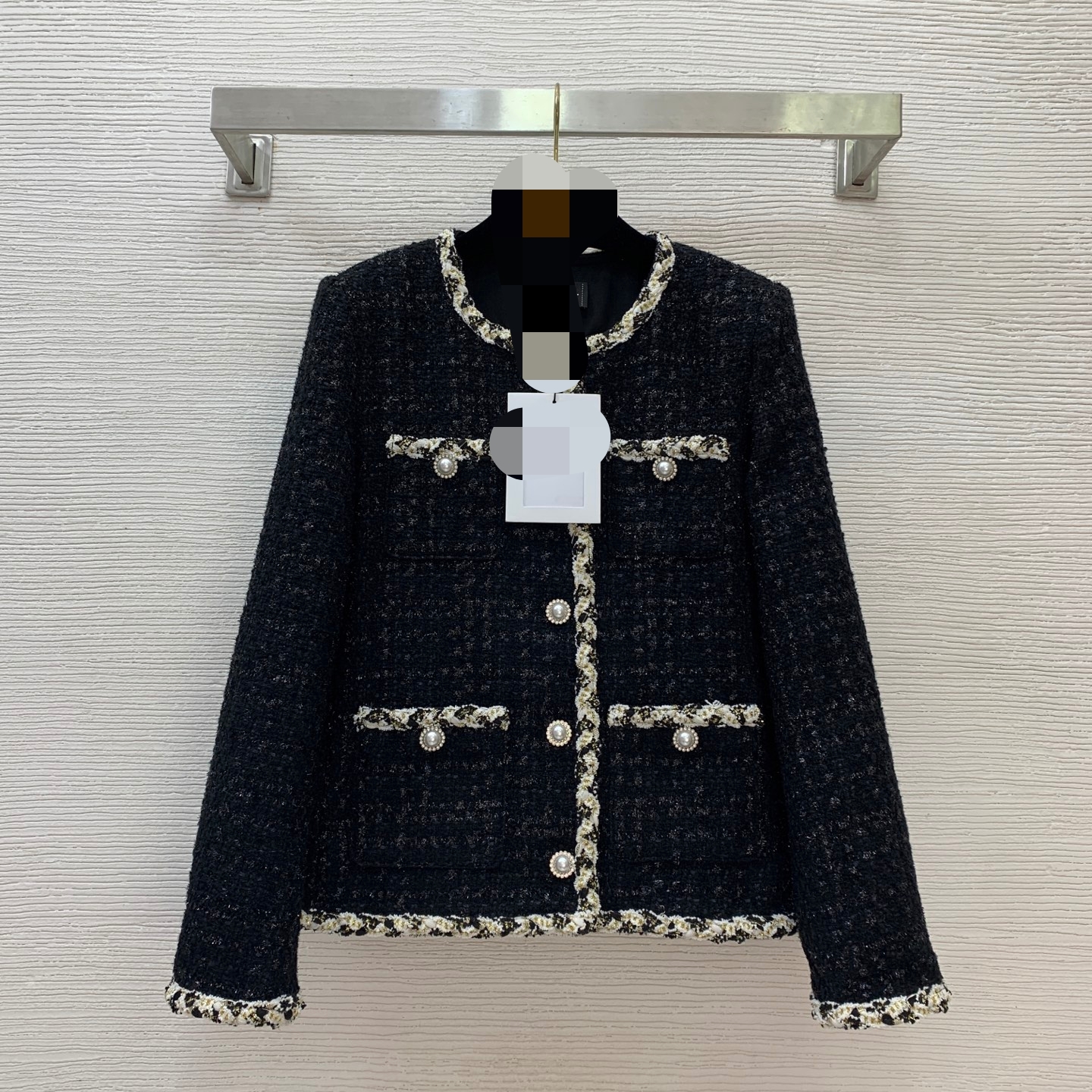 New high-end custom-made silver-thread woven blended twill fringed short-sleeved long-sleeved coat with round neckline, highly versatile and fashion