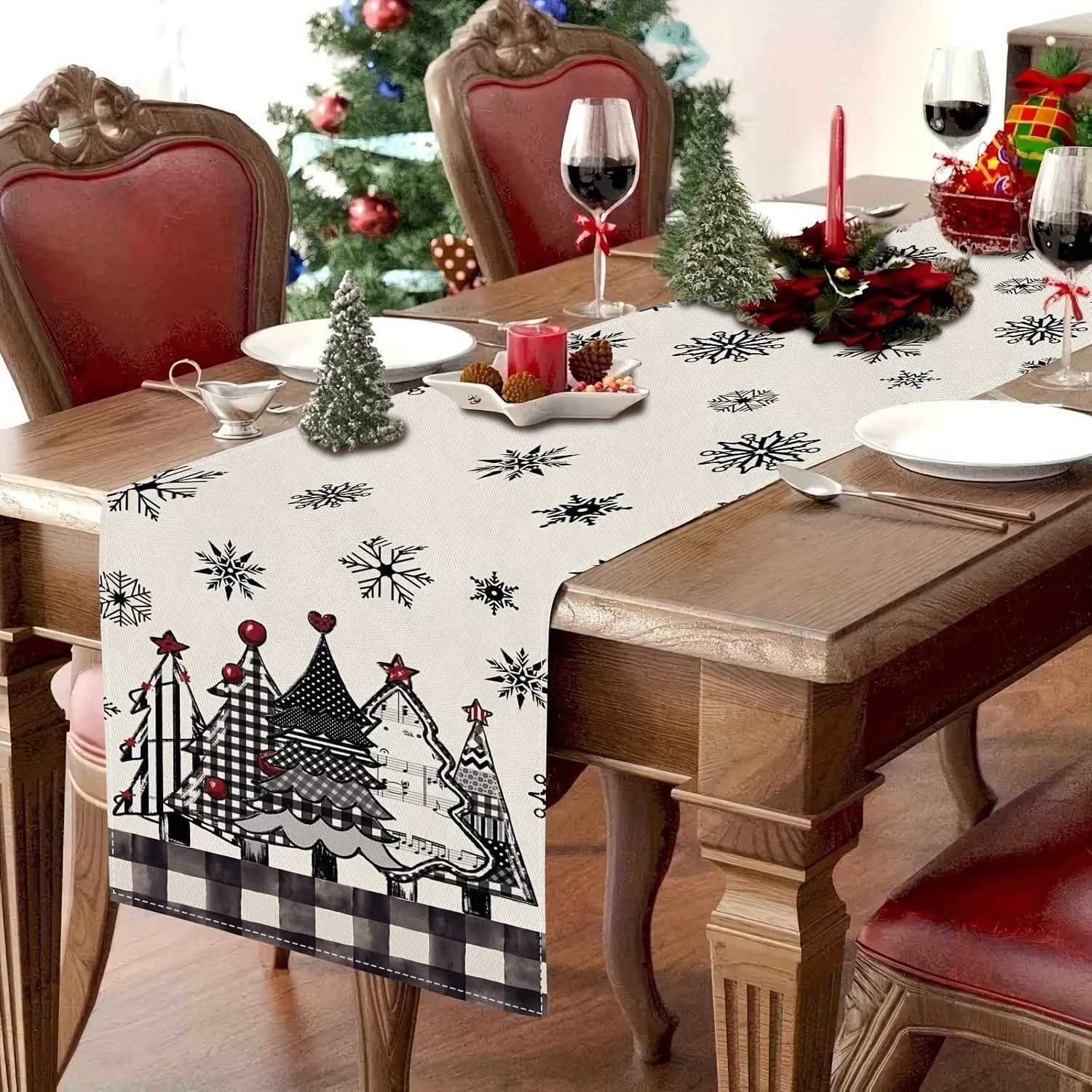 1pc Check Christmas Table Runner with Tree and Snowflakes Holiday Dining Decor Table Scarf for Seasonal Party H251110-image-1083976454
