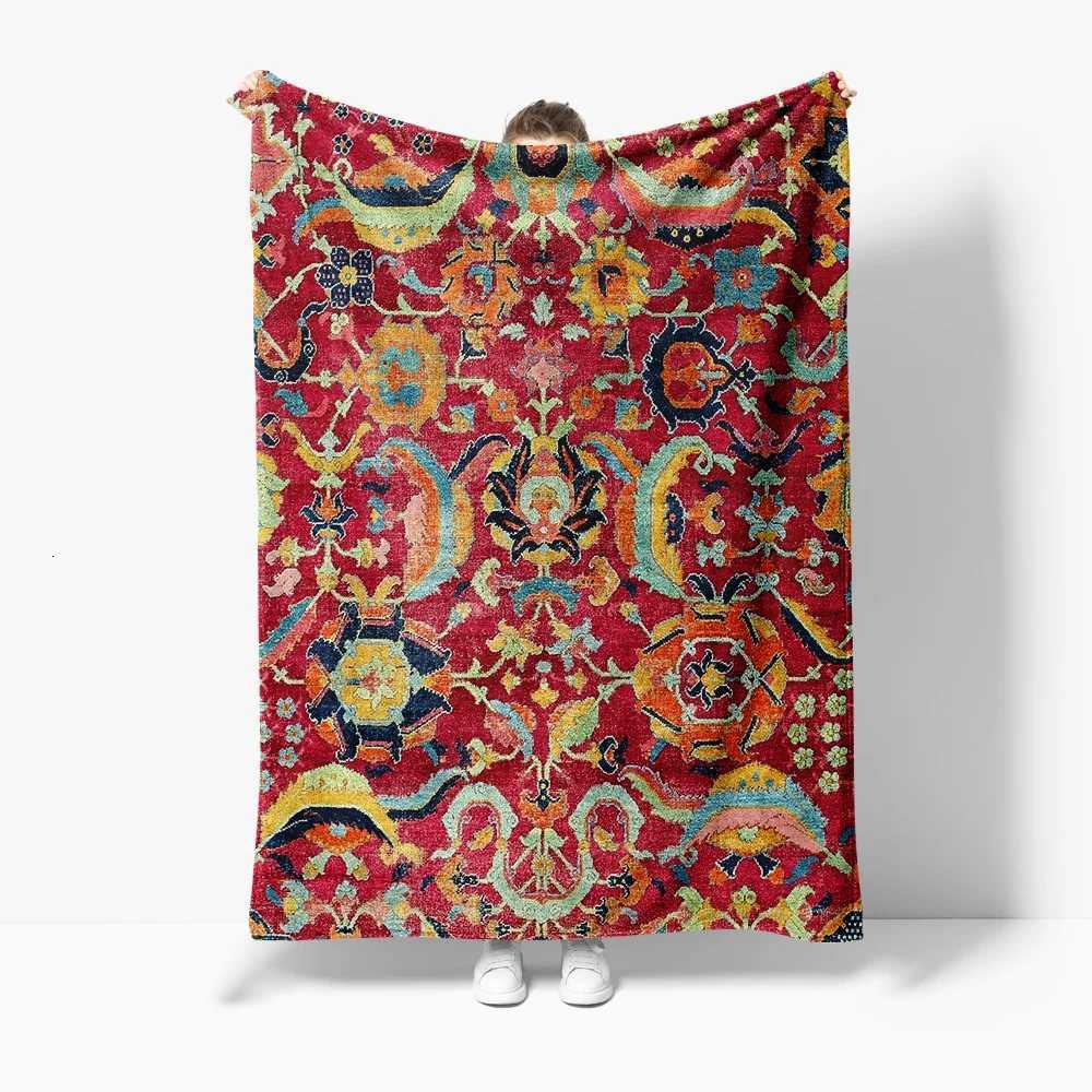 Intricate Persian Style Throw Blanket Red Floral Kilim Rug Luxurious Velvet Sofa Cover Home Decor Accent Cushion Decorative BlanW251107-image-1083905309