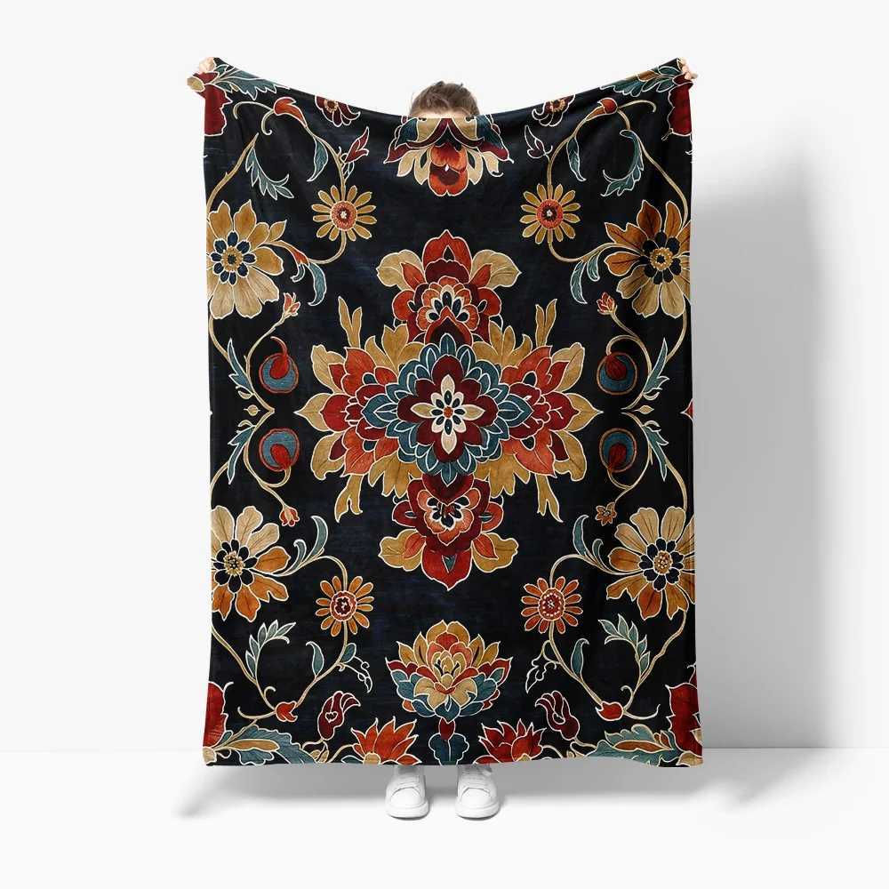Dark Floral Embroidered Fleece Blanket Sofa Bed Throw Decorative Bedspread Warm Cozy GiftW251107-image-1083906251