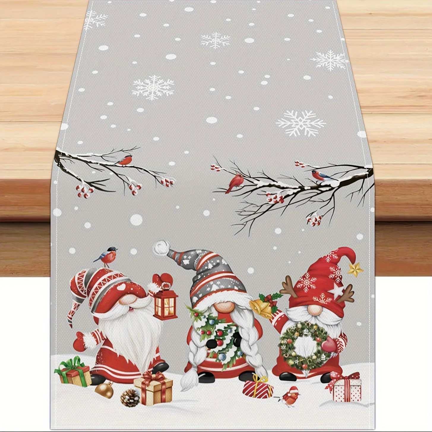 1 Piece of Christmas Gne Themed Table Runner Light Gray Background Painted with Snowmen Snowflakes Birds Gift Patterns Suitable for Christmas Par-image-1084046044