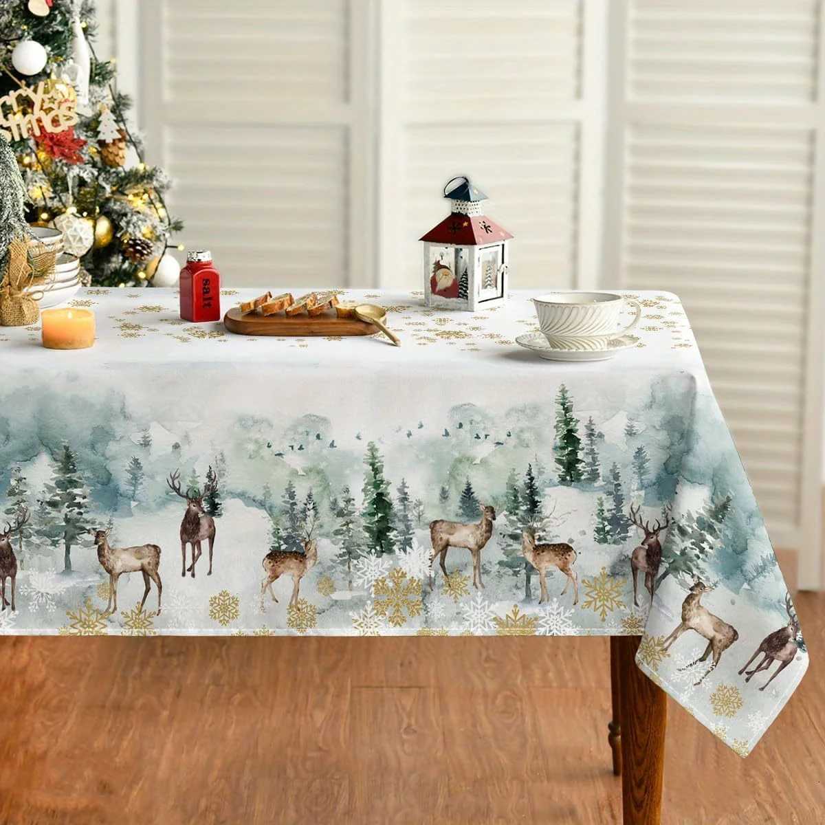 Christmas Deer Golden Snowflake Tablecloth for Table Decor Winter Xmas Tree Snow Kitchen Dining Table Cloth Christmas Decoration H251110-image-1083976449