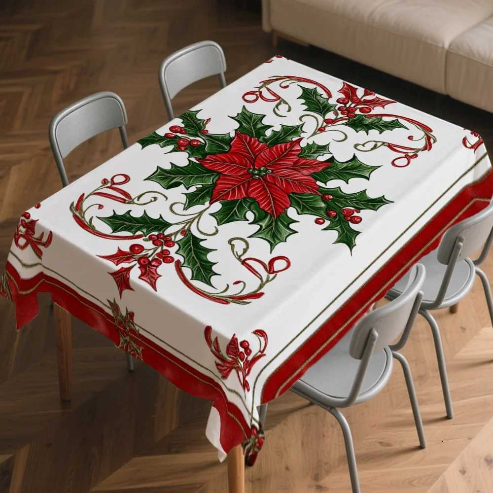 Christmas Poinsettia Holly Berries Waterproof Tablecloth Table Decor Winter Xmas Kitchen Dining Tablecloth Christmas Decorations H251110-image-1083977082