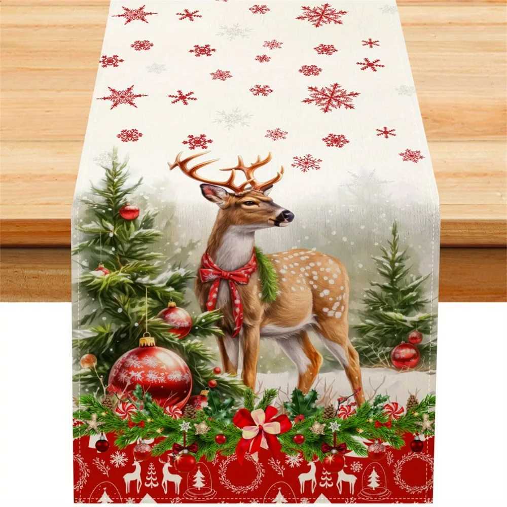 1pc Festive Reindeer Christmas Tree Table Runner - Snowy Winter Scene with Red Ornaments Holiday Dining He Decor H251110-image-1083975661