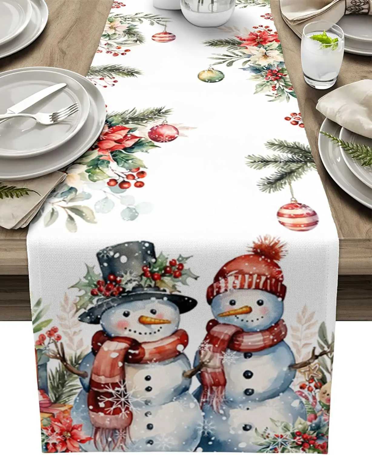 Christmas Snowman Pine Cone Poinsettia Linen Table Runner Dresser Scarves Winter Xmas Kitchen Table Runner Navidad Decorations H251110-image-1083975318