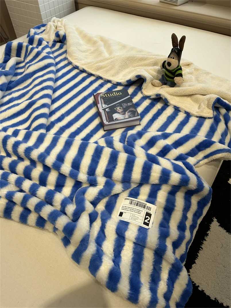 Modern Simple Striped Rabbit Velvet Blanket Autumn and Winter Thickened Lunch Break Blanket Bedroom Sofa Shawl BlanketW251107-image-1083908285