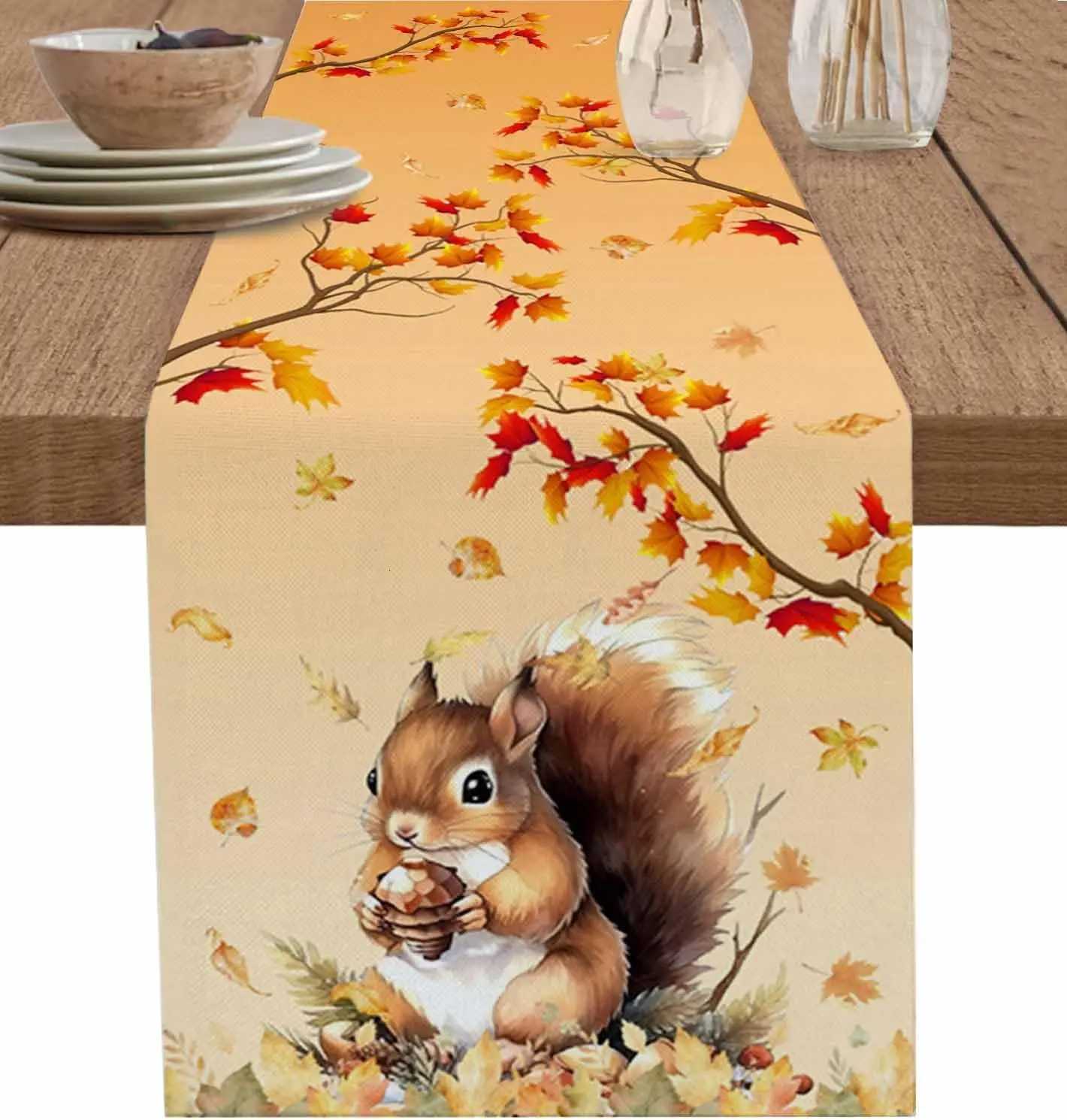 Autumn Squirrel Maple Leaves Printed Linen Table Runners Thanksgiving Fall Season Dresser Scarf Table Decor Holiday Party Decor H251110-image-1083975621