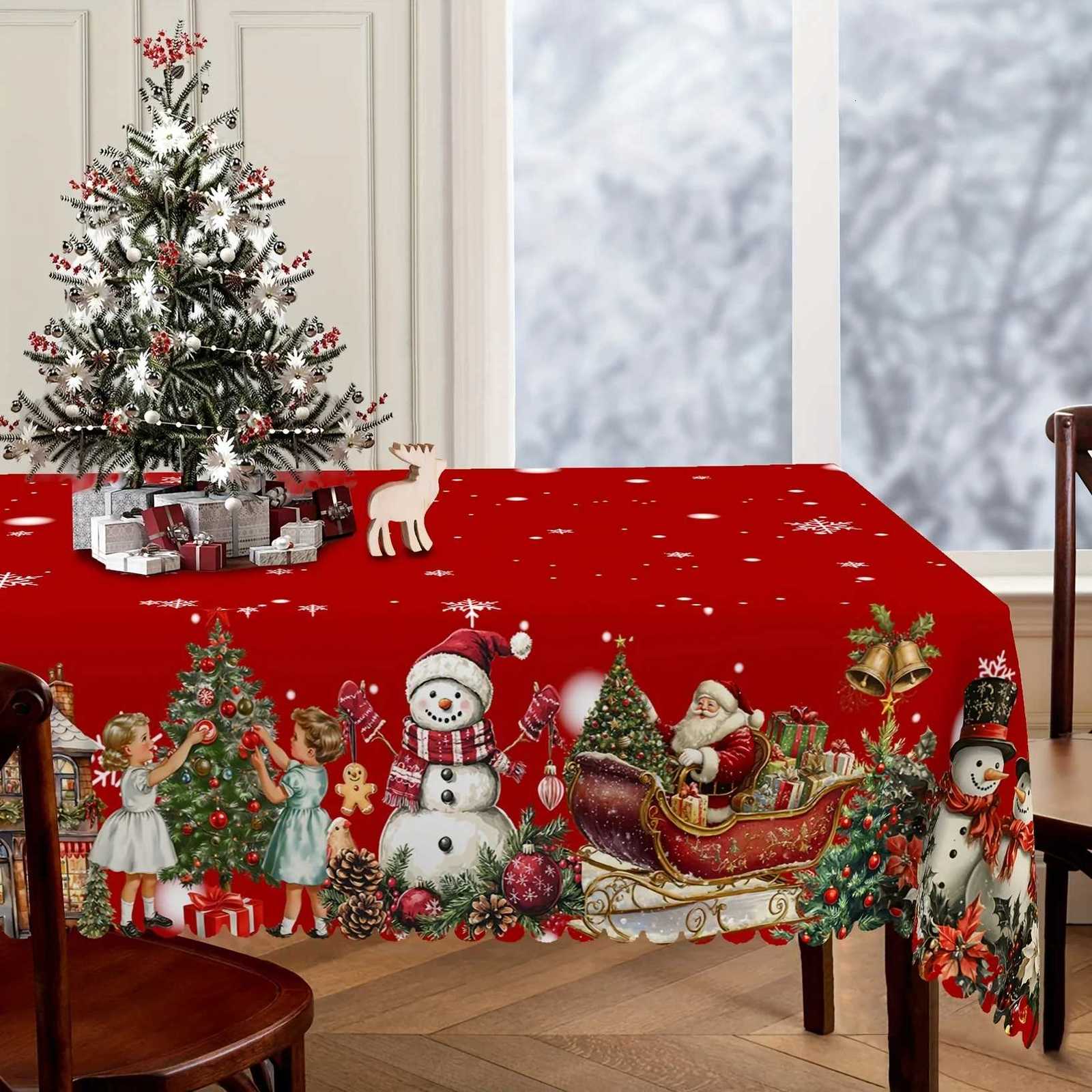 Christmas Snowman Santa Claus Tablecloth Table Decor Winter Xmas Tree Snowflakes Kitchen Dining Table Cloth Navidad Decorations H251110-image-1083976874