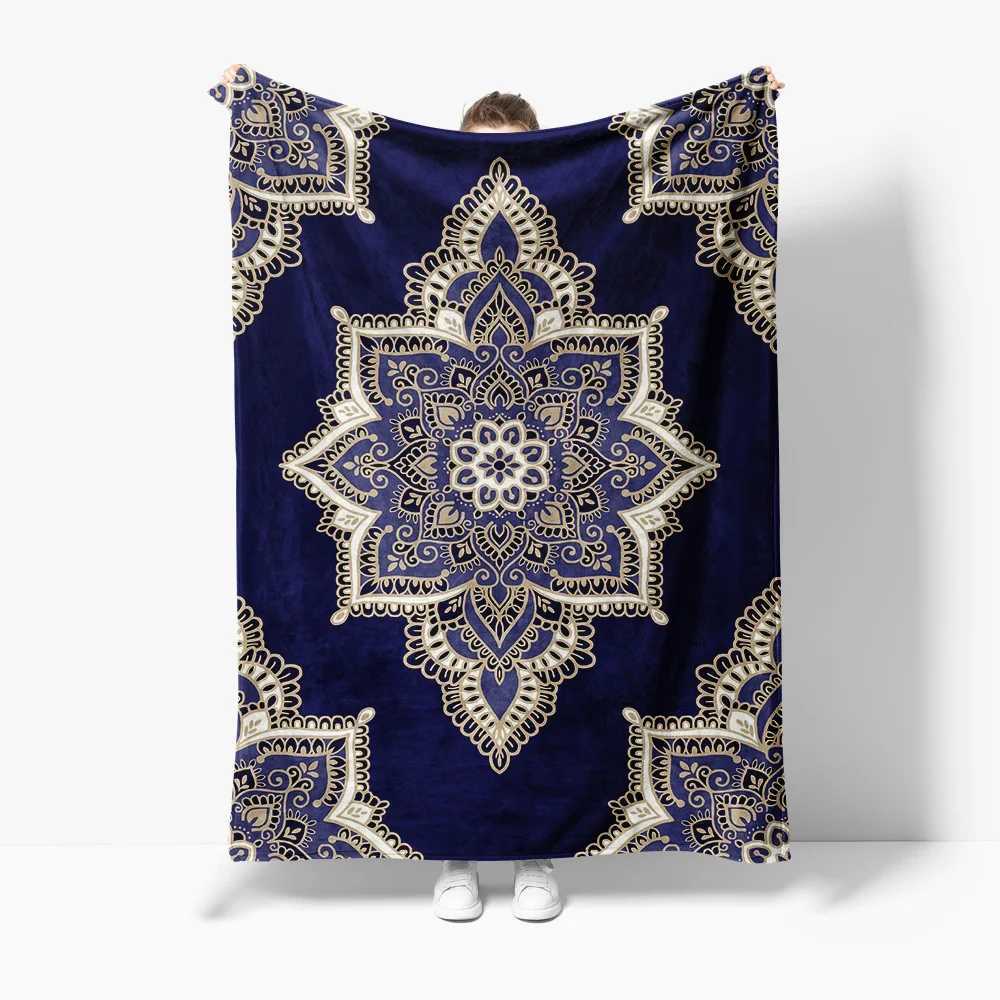 Navy Blue Mandala Fleece Blanket with Gold Embroidery Throw Soft Warm Cozy Decorative Bed BlanketW251107-image-1083905641
