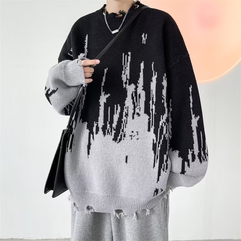 Tie-Dye Color-Block Pull en détresse pour hommes Tricots d'hiver Lâche Plus Taille Style paresseux Manteau Cardigan tricoté 201111