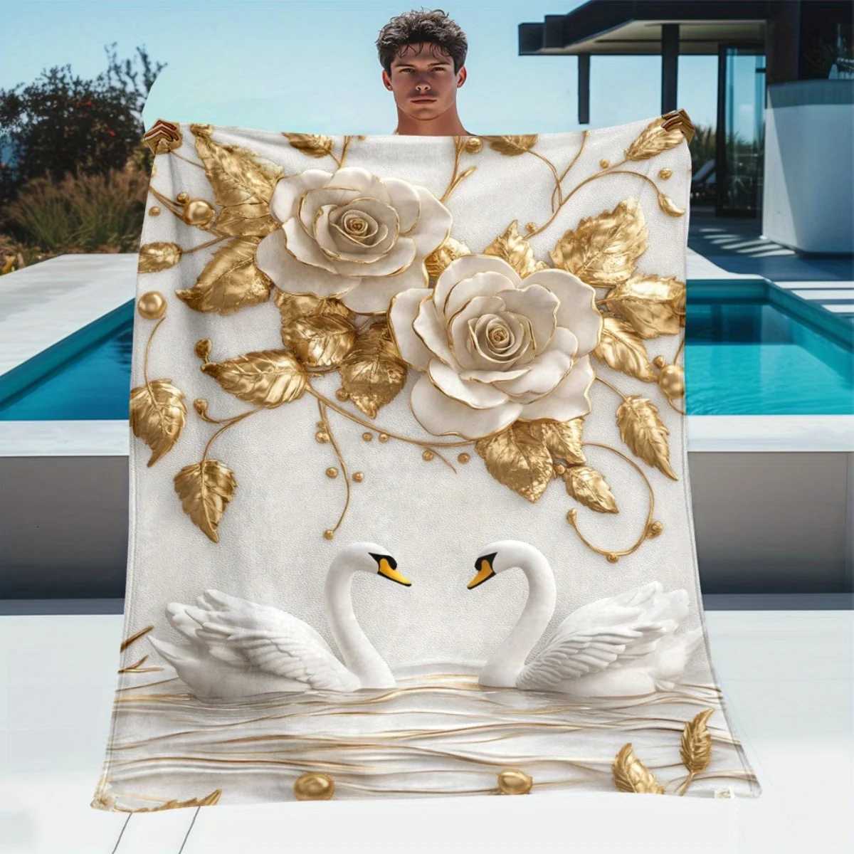 Golden Rose and Swan Flannel Throw Blanket Elegant Soft Warm Blanket for Sofa Bed All Season Home Decor GiftW251107-image-1083905139
