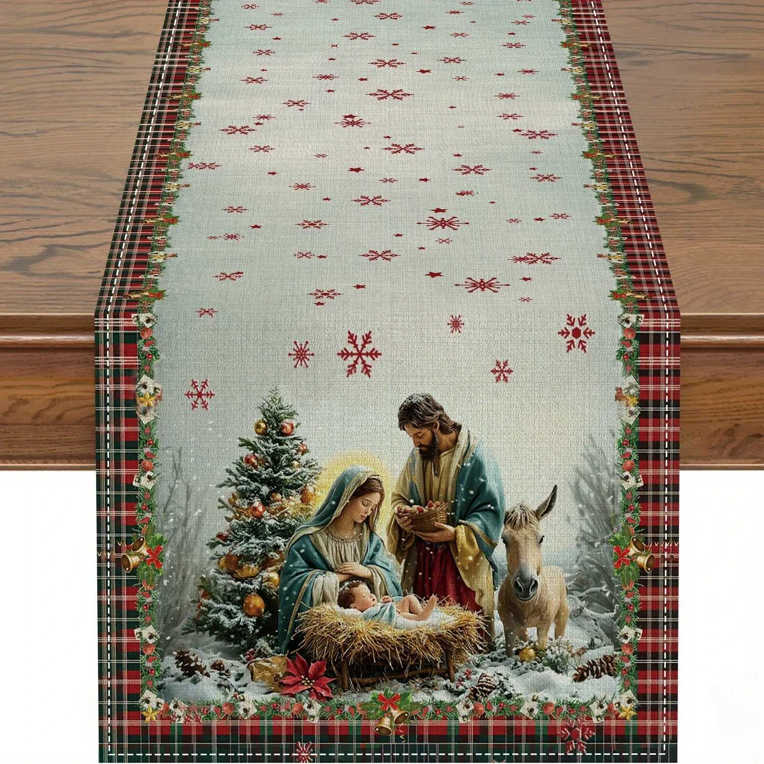 1pc Christmas Table Runner - Festive Holiday Design with Nativity Scene Snowflakes Red BerriesPerfect for He Kitchen Decor H251110-image-1083976427