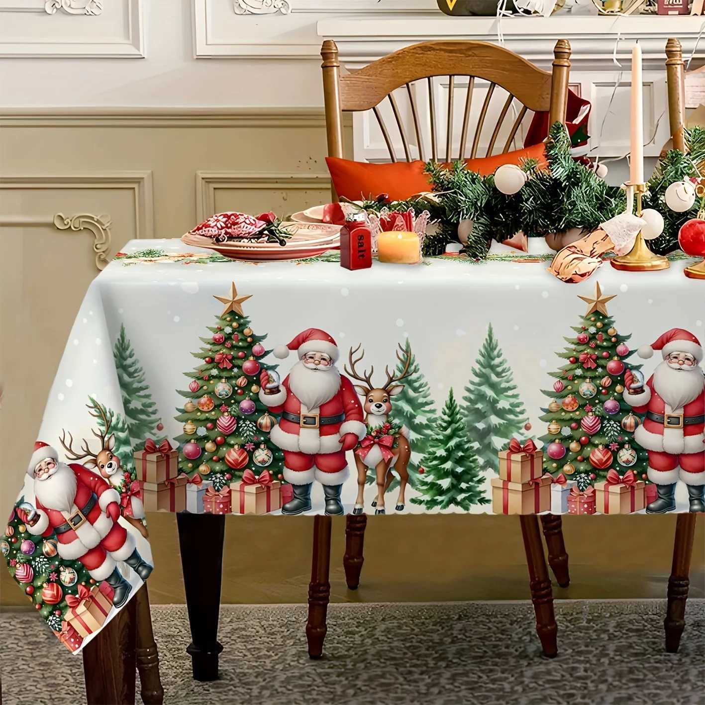Christmas Santa Reindeer Tablecloth for Table Decor Winter Snowflakes Xmas Tree Kitchen Dining Table Cloth Christmas Decorations H251110-image-1083977297