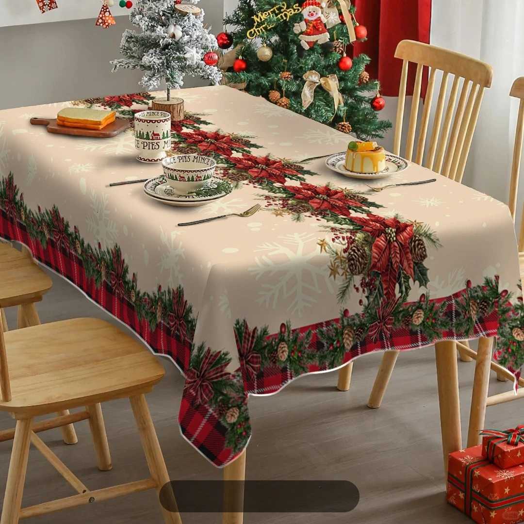 Christmas Poinsettia Pine Needle Waterproof Tablecloth Table Decor Winter Xmas Kitchen Dining Tablecloth Christmas Decorations H251110-image-1083977353