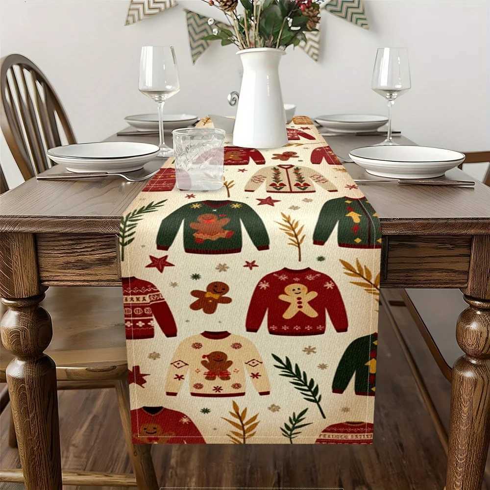 GrandmaS -Style Christmas Table Runner - Festive Gingerbread Men Floral Star Patterns Dining Decor for Family Gatherings H251110-image-1083976714