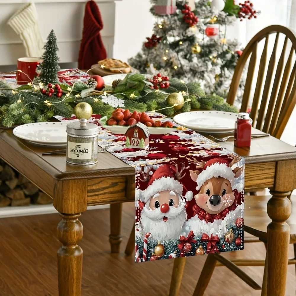 Christmas Reindeer and Santa Claus Table Runner Holiday He Decor hine Washable H251110-image-1083976074