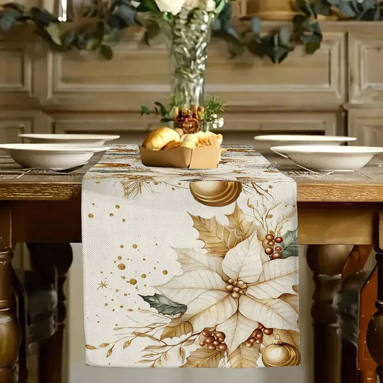 1 Piece of Light Luxury Gold Leaf Christmas Table Runner with a Base Painted in Gold Poinsettias Berries and Decorative Ball Patterns Suitable fo-image-1084046074