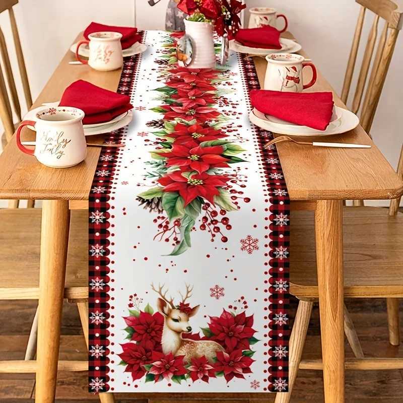 1 Piece of Christmas Elk Flower Painted Table Runner Painted with Poinsettias Elk and Christmas Elements on a White Background Suitable for Chris-image-1084046051