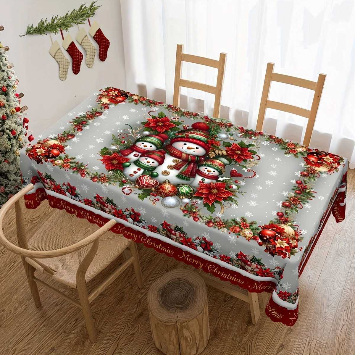 Christmas Snowman Poinsettia Tablecloth for Table Decoraton Winter Xmas Ball Snowflakes Dining Table Cloth Christmas Decorations H251110-image-1083977056