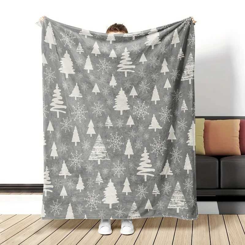 Christmas Flannel Blanket Gray Xmas Tree Snowflake Print Soft Cozy Winter Holiday Design for Sofa Warm Festive DecorW251107-image-1083907646