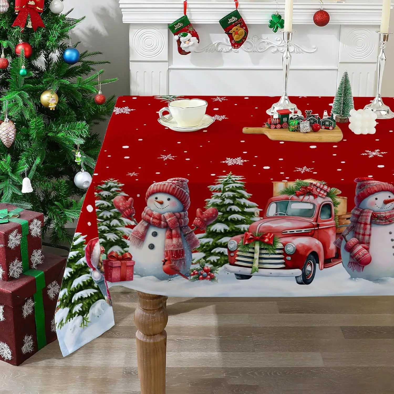 Christmas Snowman Truck Xmas Tree Tablecloth for Table Decor Winter Snowflakes Kitchen Dining Table Cloth Christmas Decorations H251110-image-1083975920