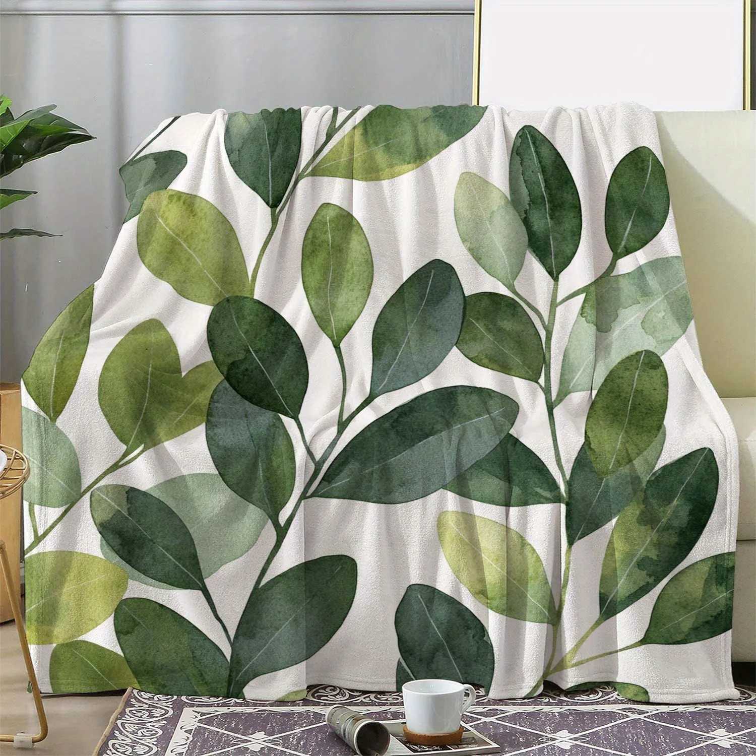 1pc Cozy Flannel Blanket with Vibrant Eucalyptus Leaf Print Soft Warm and Lightweight Throw for Sofa Bed Car Office CampW251107-image-1083907270